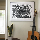 The Heron Pool, Extra large block print. Black and White Edition of 40. Hand pulled with 22x28 inch mat