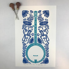 Load image into Gallery viewer, Banjo and Frog,  Hand pulled block print in Blue with 13x19 mat
