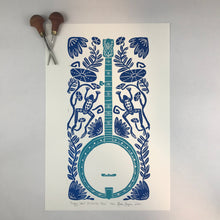 Load image into Gallery viewer, Banjo and Frog,  Hand pulled block print in Blue with 13x19 mat
