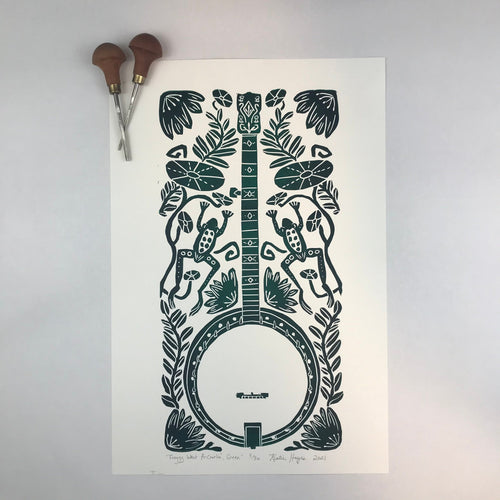 Banjo and Frog,  Hand pulled block print in dark green with 13x19 mat