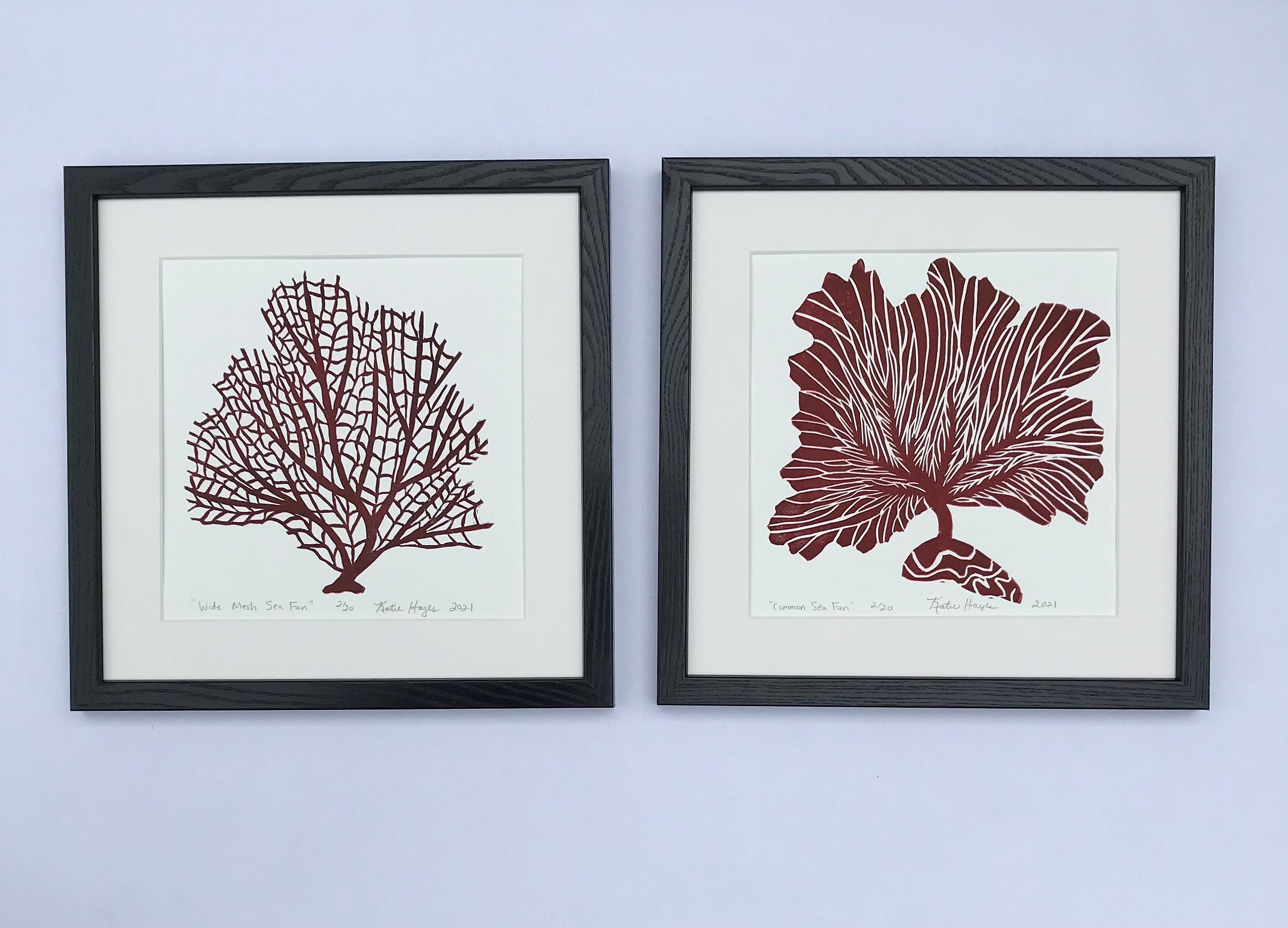 Wide Mesh Sea Fan, Dark Red, Hand Pulled Block print with 12x12 inch mat