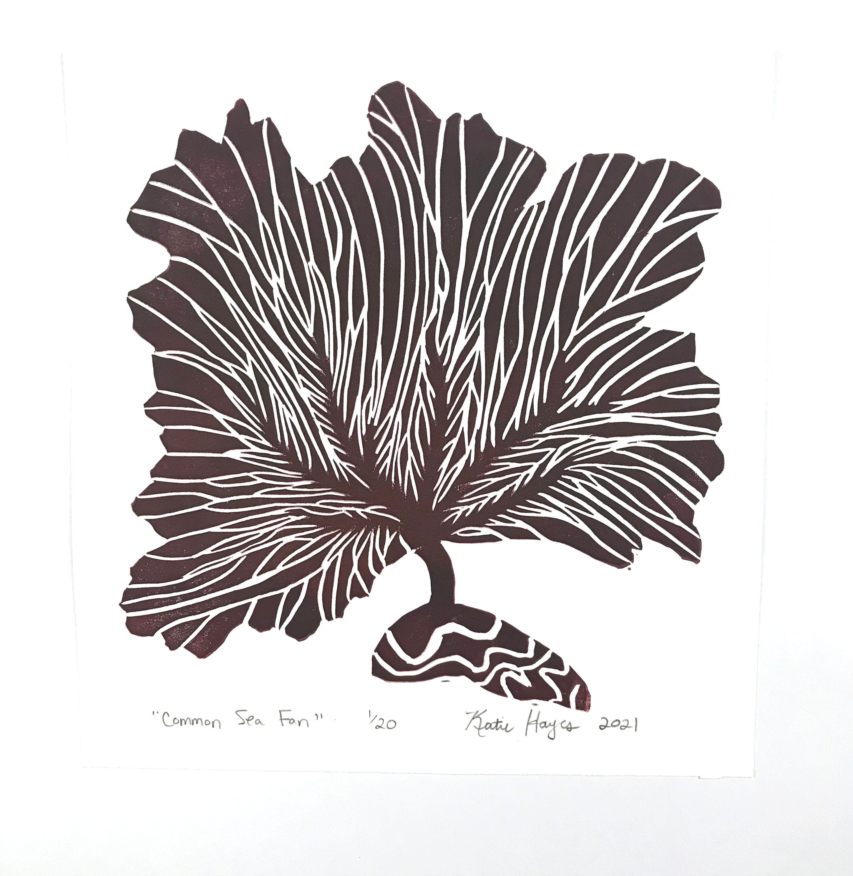Common Sea Fan, Dark Red, Hand Pulled Block print with 12x12 inch mat