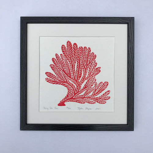 Spiny Sea Fan, Bright Red, Hand Pulled Block print with 12x12 inch mat