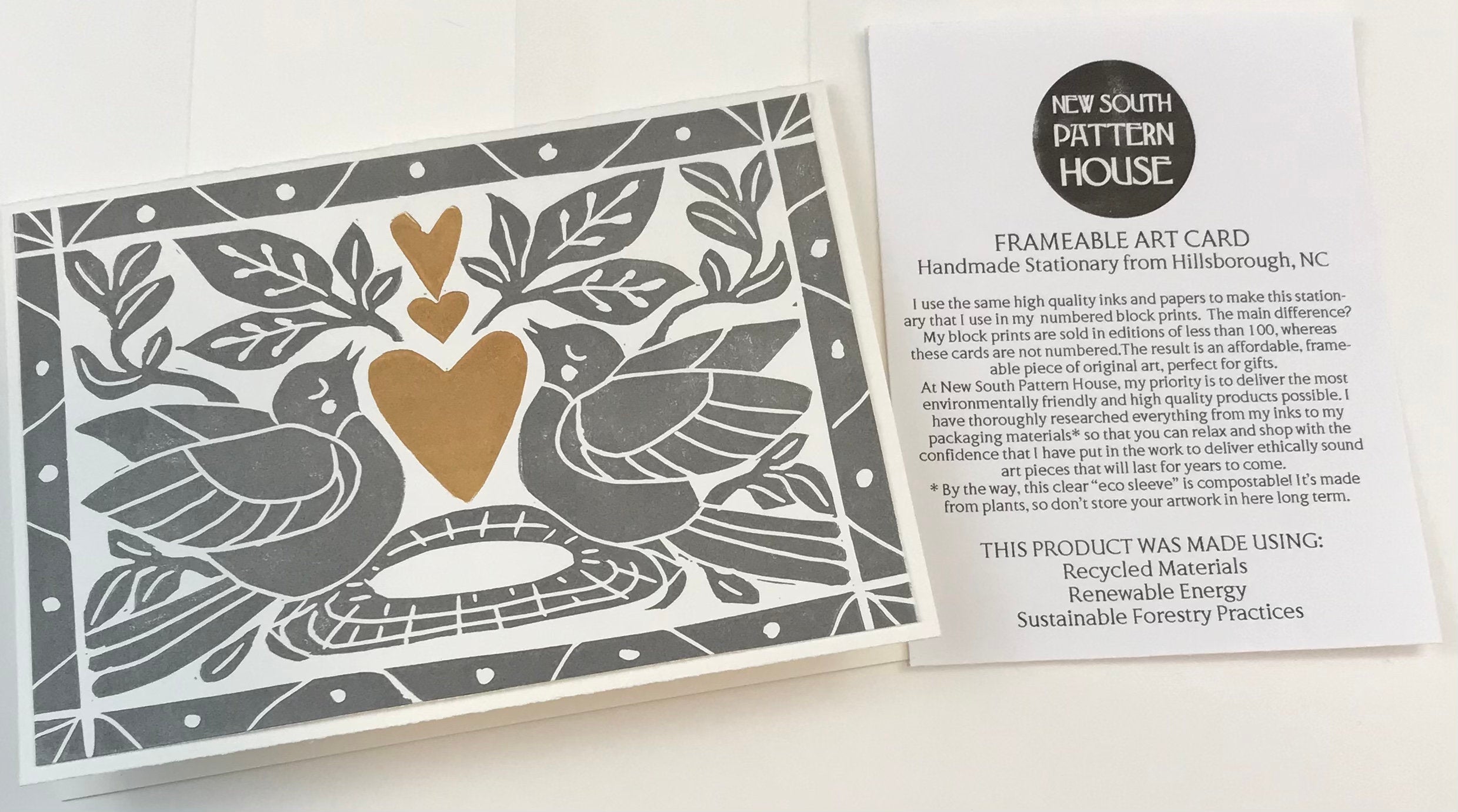 Heart of Gold folk art greeting card.  Hand Printed Linocut 5X7