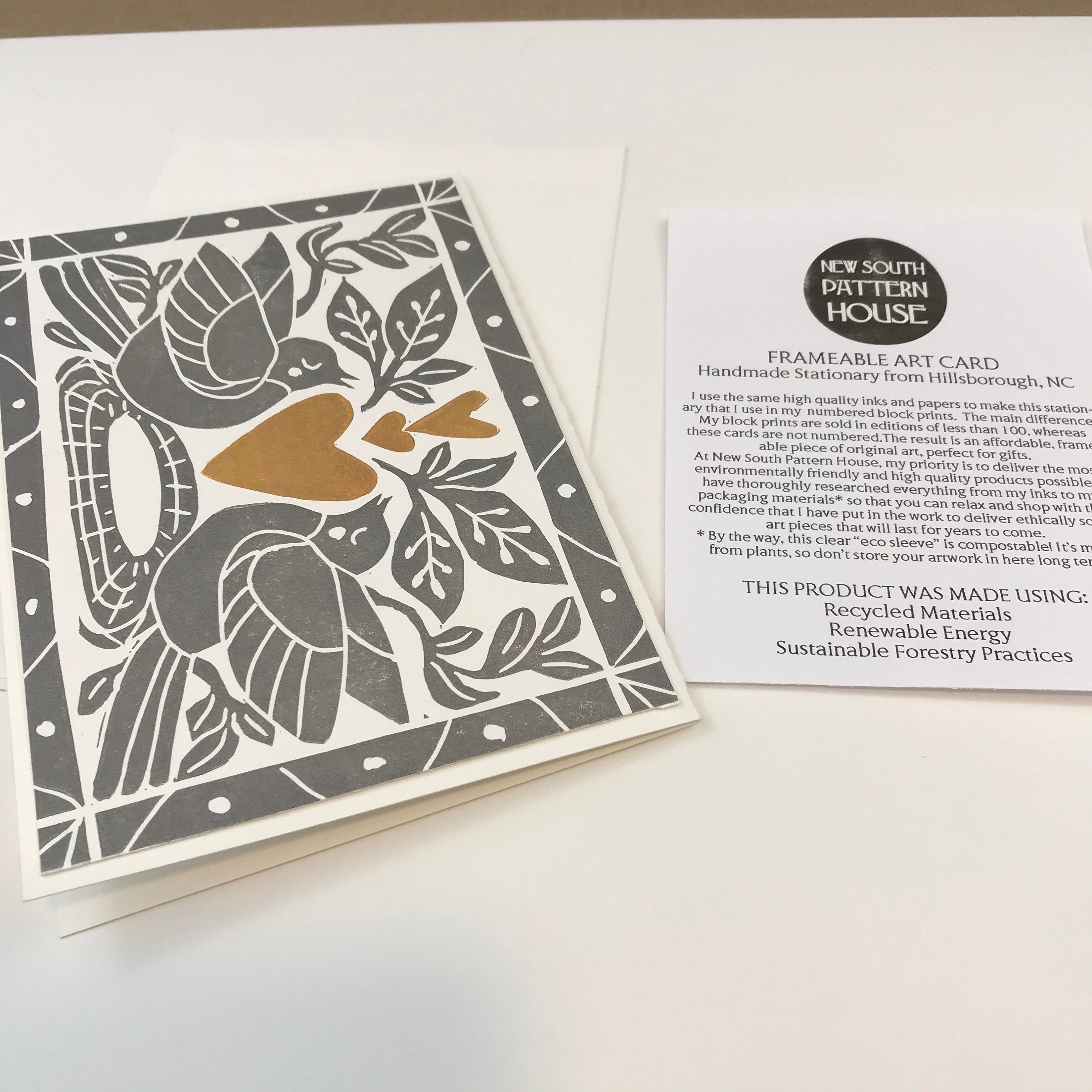 Heart of Gold folk art greeting card.  Hand Printed Linocut 5X7