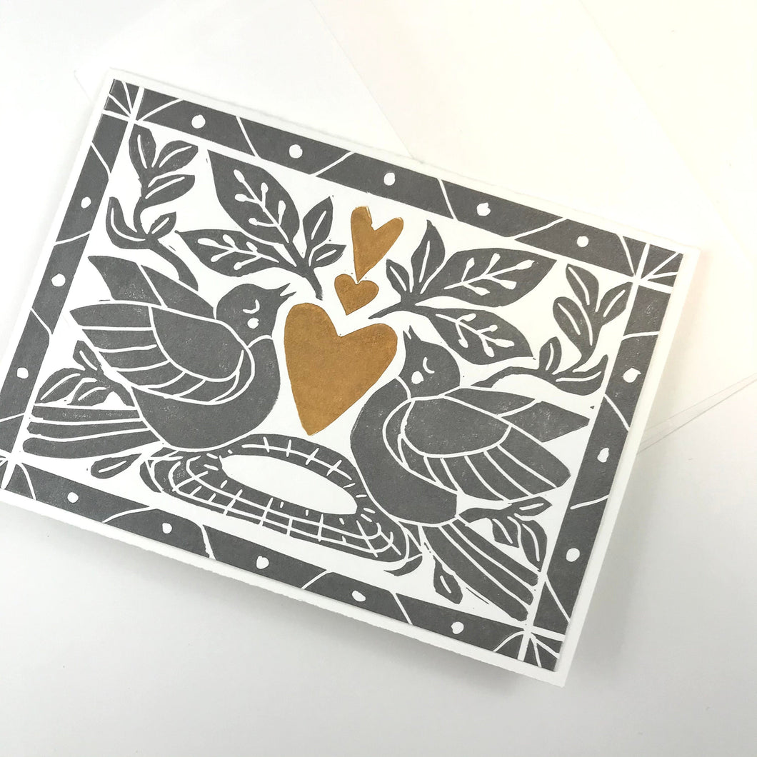 Heart of Gold folk art greeting card.  Hand Printed Linocut 5X7