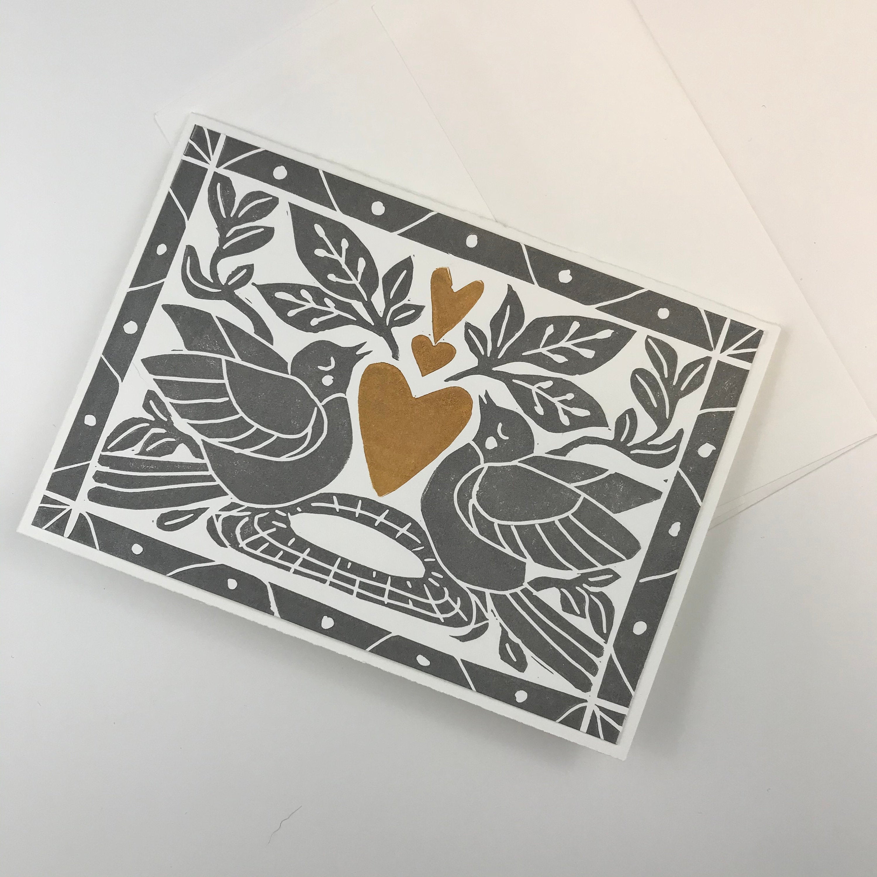 Heart of Gold folk art greeting card.  Hand Printed Linocut 5X7