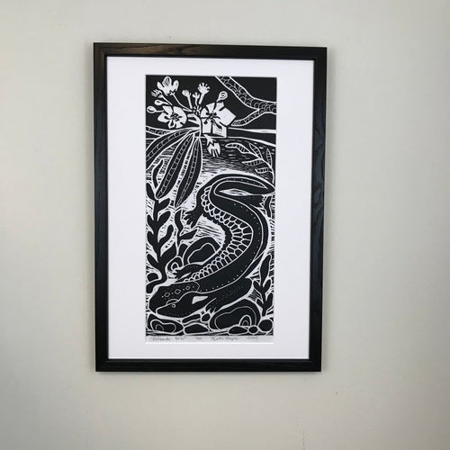 Hellbender Salamander, limited edition black and white block print. Hand pulled with 13x19 mat