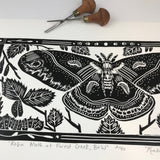 Robin Moth (cecropia) and birch leaves, limited edition black and white block print. Hand pulled on 12x18 paper