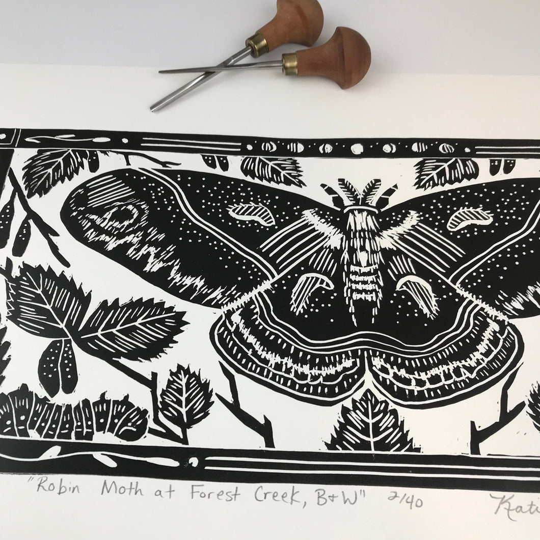 Robin Moth (cecropia) and birch leaves, limited edition black and white block print. Hand pulled on 12x18 paper