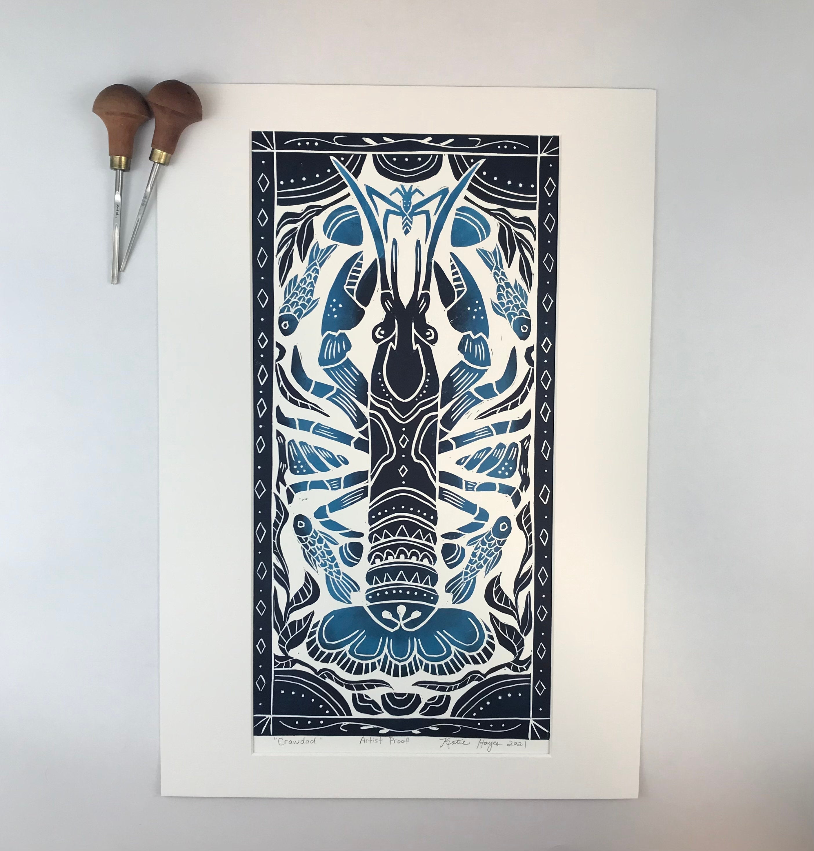 Crayfish, Artist Proof Hand pulled block print in Deepwater Blue. Freshwater Stream Wall Art 13x19 Mat