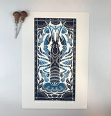 Crayfish, Artist Proof Hand pulled block print in Deepwater Blue. Freshwater Stream Wall Art 13x19 Mat