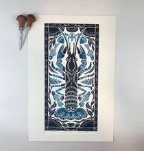 Load image into Gallery viewer, Crayfish, Artist Proof Hand pulled block print in Deepwater Blue. Freshwater Stream Wall Art 13x19 Mat
