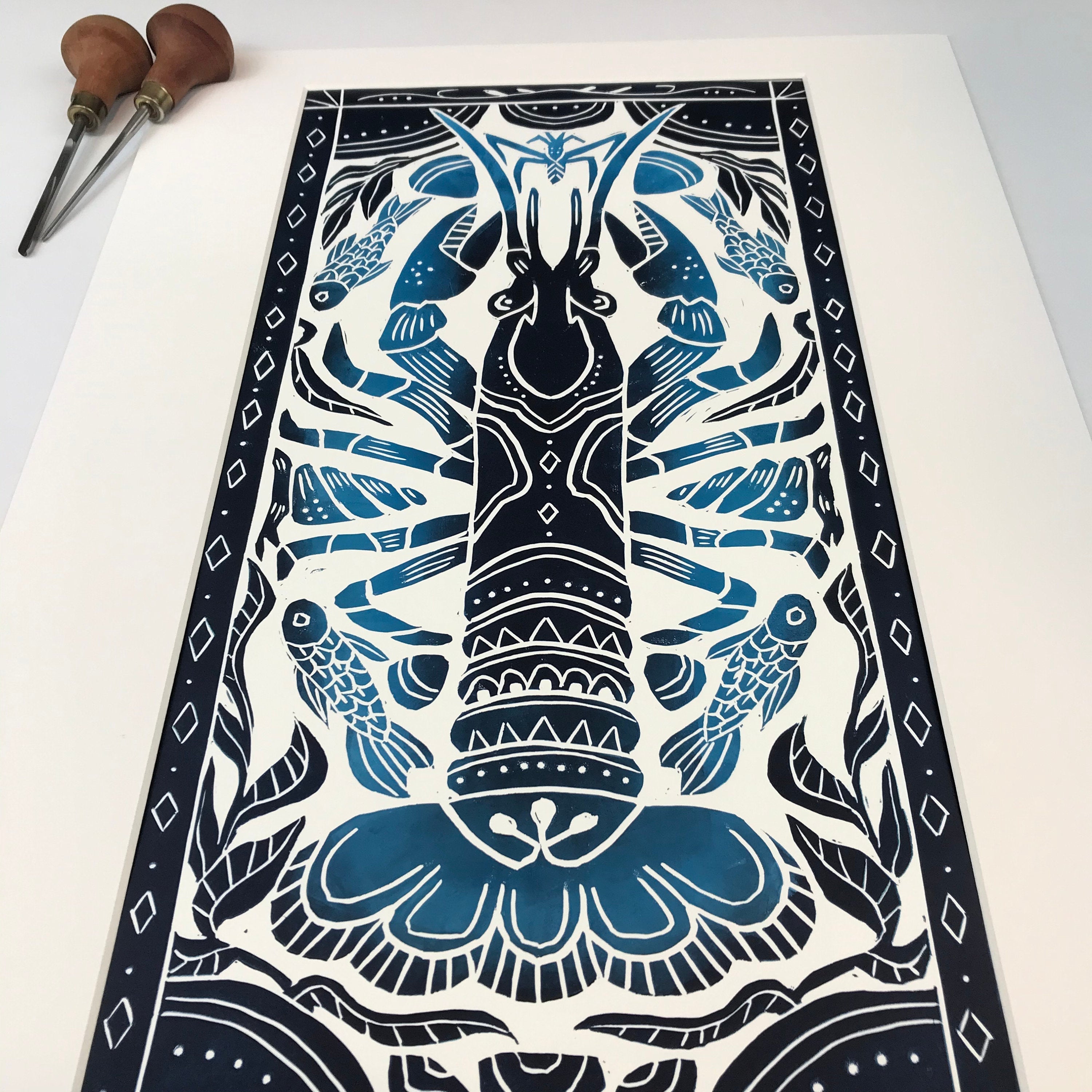 Crayfish, Artist Proof Hand pulled block print in Deepwater Blue. Freshwater Stream Wall Art 13x19 Mat