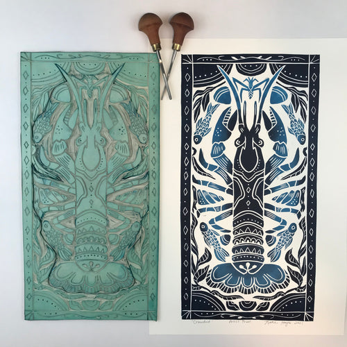 Crayfish, Artist Proof Hand pulled block print in Deepwater Blue. Freshwater Stream Wall Art 13x19 Mat