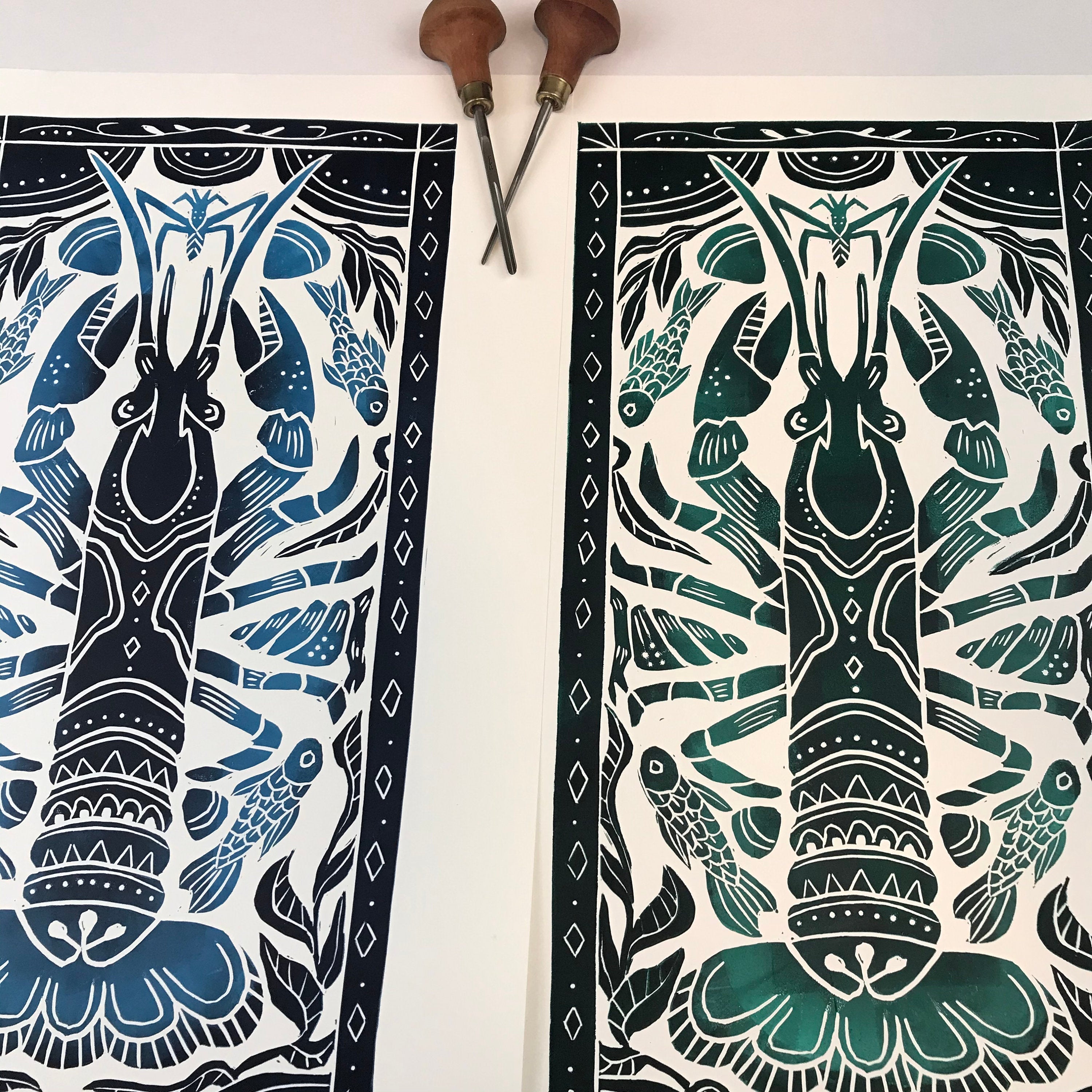 Crayfish, Artist Proof Hand pulled block print in Deepwater Blue. Freshwater Stream Wall Art 13x19 Mat