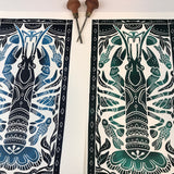 Crayfish, Artist Proof Hand pulled block print in Deepwater Blue. Freshwater Stream Wall Art 13x19 Mat