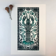 Load image into Gallery viewer, Crayfish, Artist Proof Hand pulled block print in Sylvan Green. Naturalist Woodland Wall Art
