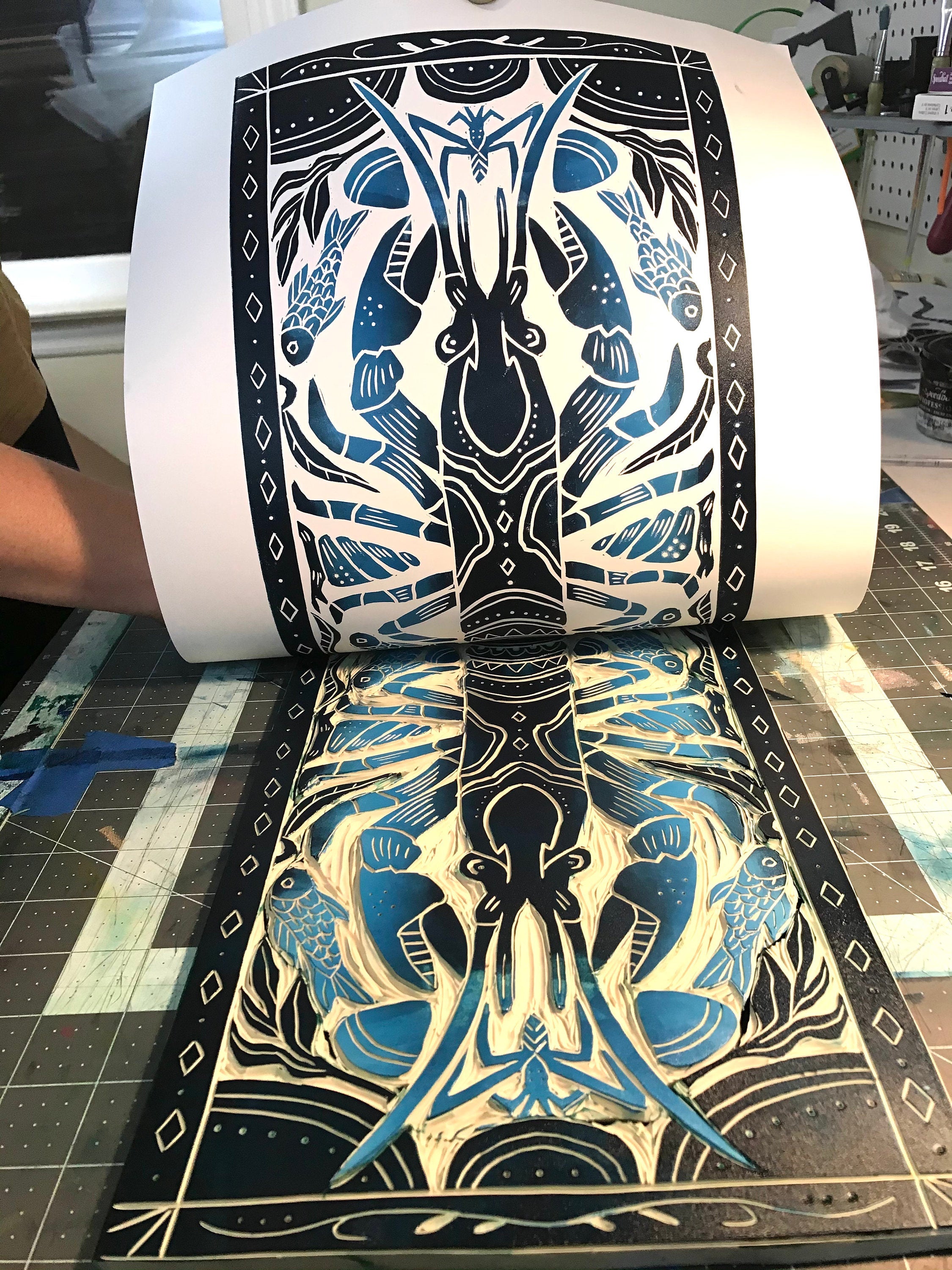 Crayfish, Artist Proof Hand pulled block print in Deepwater Blue. Freshwater Stream Wall Art 13x19 Mat
