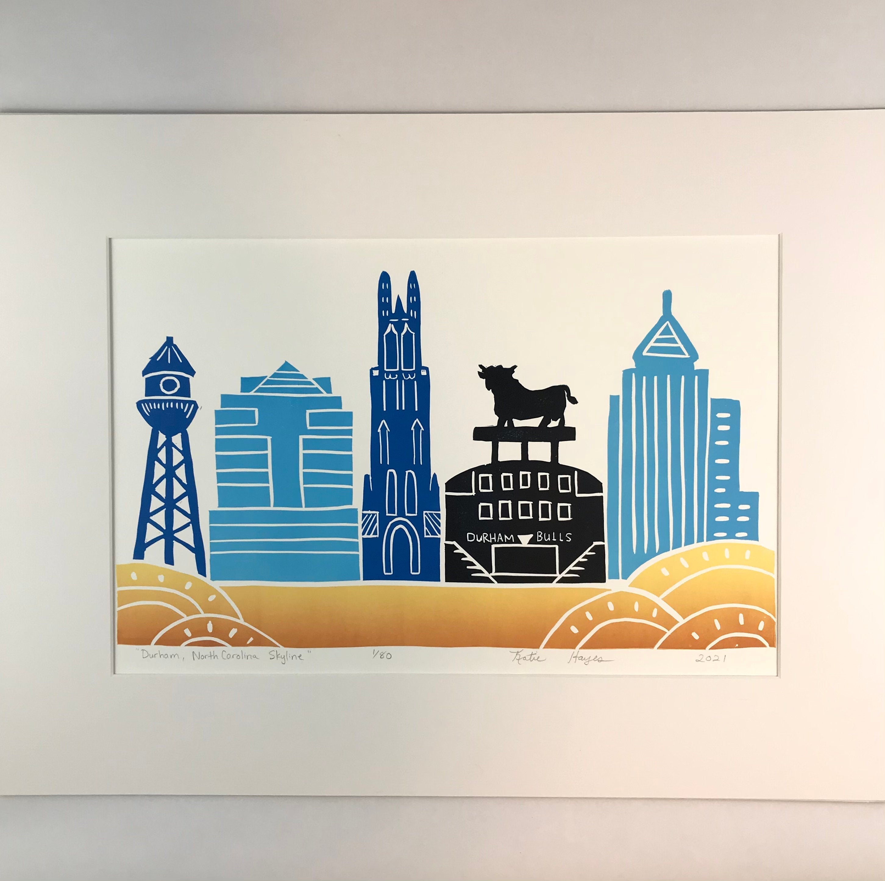 Durham, NC Skyline, Large Relief print with 18x24 mat
