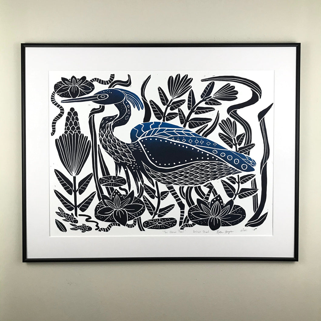 The Heron Pool, Extra large block print. Full Color. Hand pulled with custom 22x28 mat