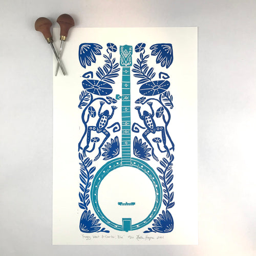 Banjo and Frog,  Hand pulled block print in Blue with 13x19 mat