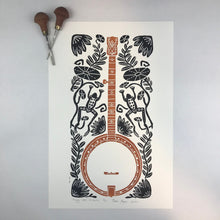 Load image into Gallery viewer, Banjo and Frog,  Hand pulled block print in copper and black with 13x19 mat
