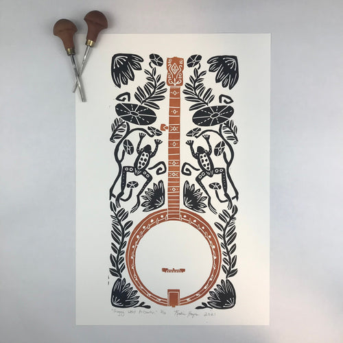 Banjo and Frog,  Hand pulled block print in copper and black with 13x19 mat