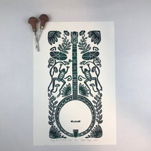 Load image into Gallery viewer, Banjo and Frog,  Hand pulled block print in dark green with 13x19 mat
