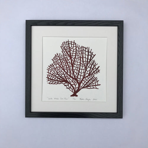 Wide Mesh Sea Fan, Dark Red, Hand Pulled Block print with 12x12 inch mat