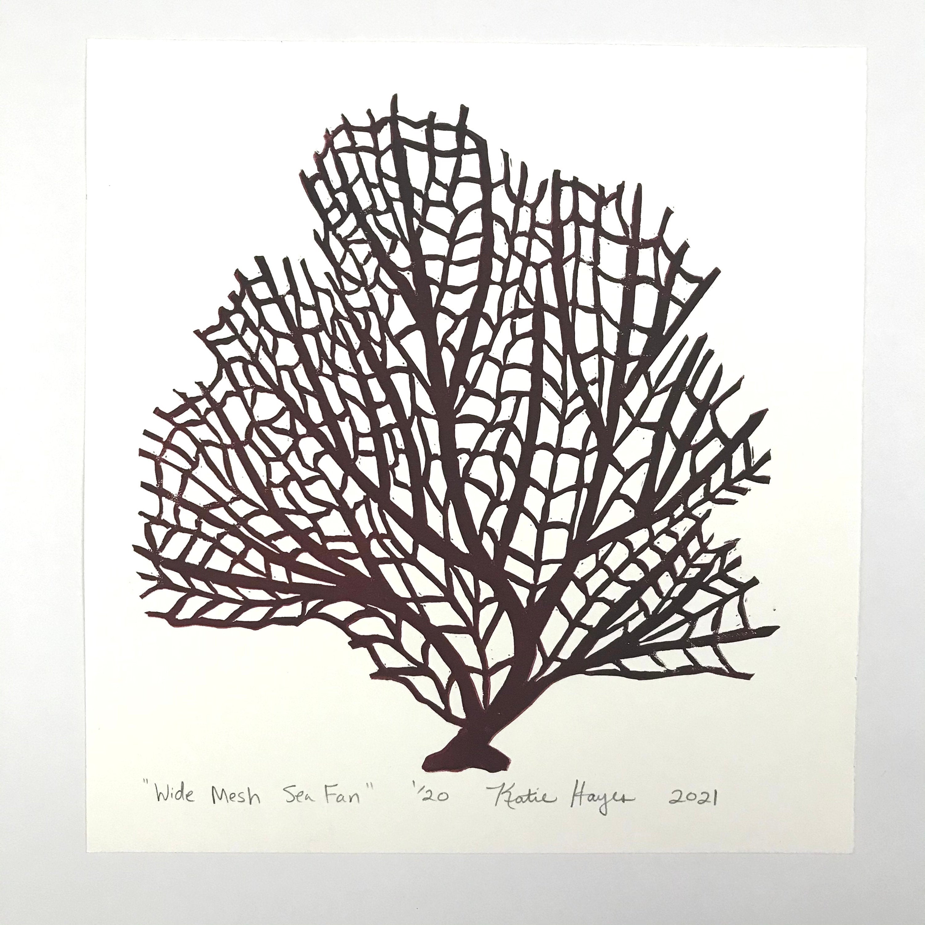 Wide Mesh Sea Fan, Dark Red, Hand Pulled Block print with 12x12 inch mat