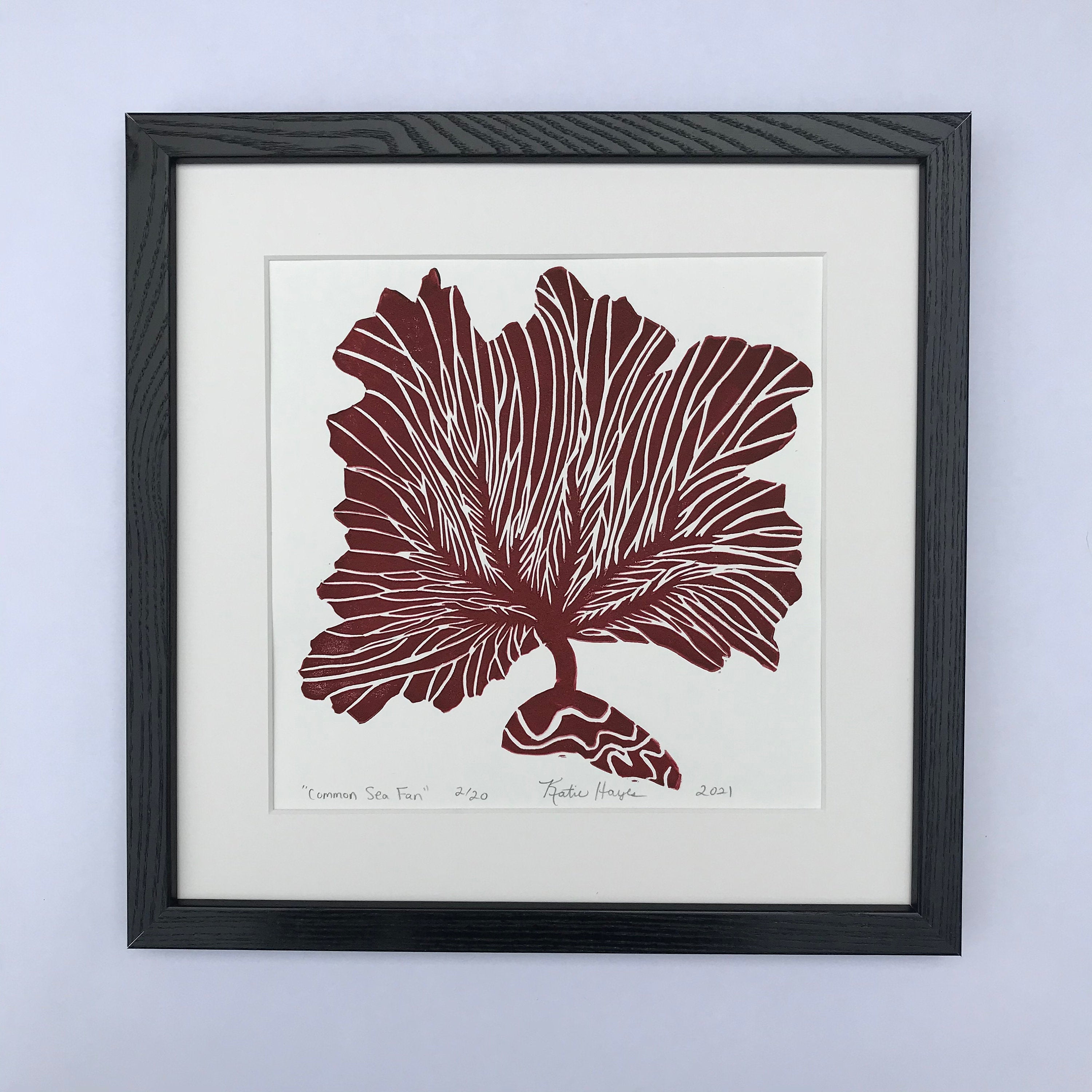 Common Sea Fan, Dark Red, Hand Pulled Block print with 12x12 inch mat