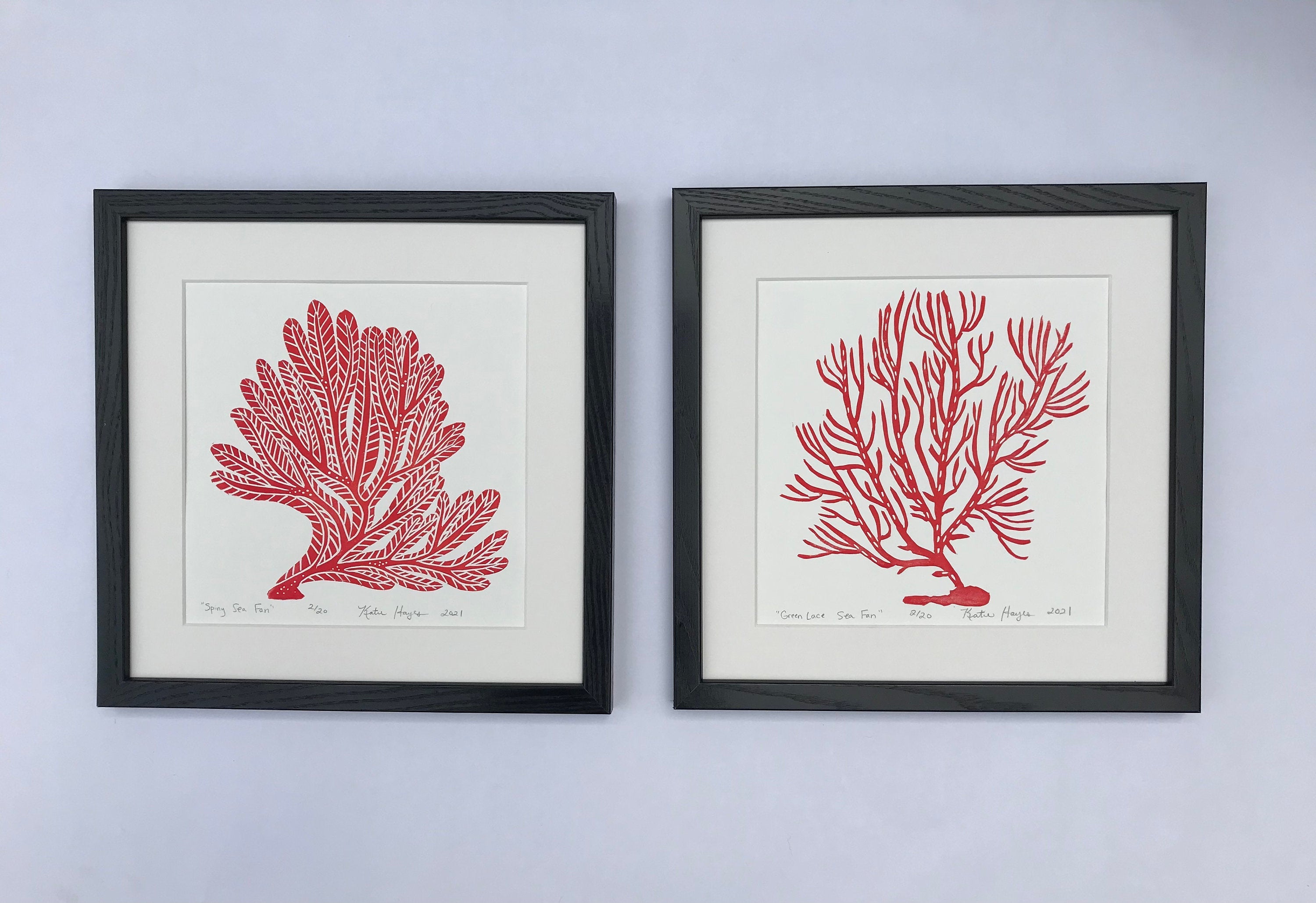 Spiny Sea Fan, Bright Red, Hand Pulled Block print with 12x12 inch mat