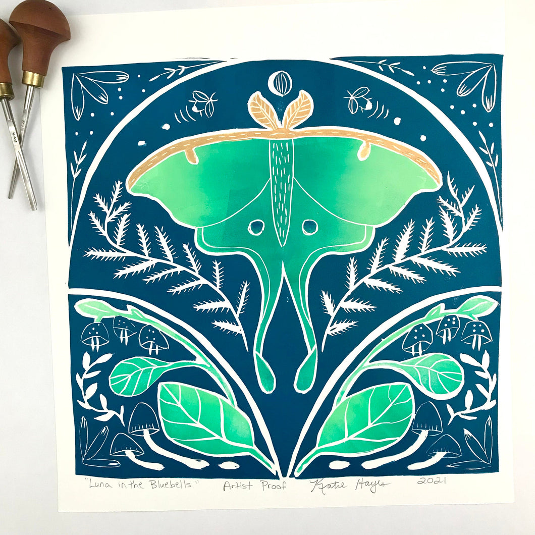 Luna moth in the Bluebells, Artist Proof Block print, Hand pulled with 16x16 inch mat