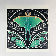 Load image into Gallery viewer, Luna moth in the Bluebells, limited edition Block print, Hand pulled with 16x16 inch mat
