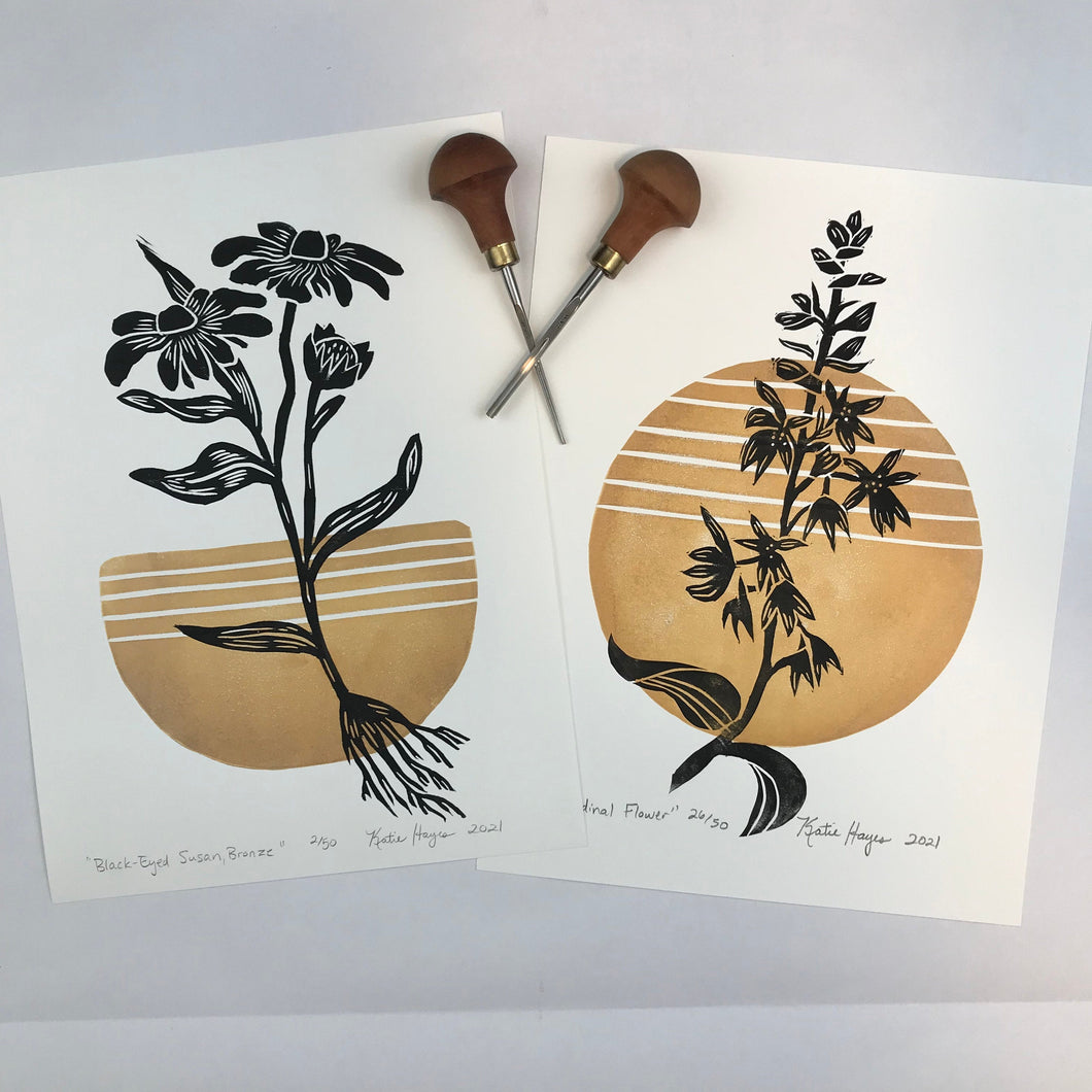 Set of two, Mid-century Botanical block prints, cardinal flower and black eyed Susan with option for 12x16 matboard