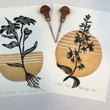 Load image into Gallery viewer, Set of two, Mid-century Botanical block prints, cardinal flower and black eyed Susan with option for 12x16 matboard
