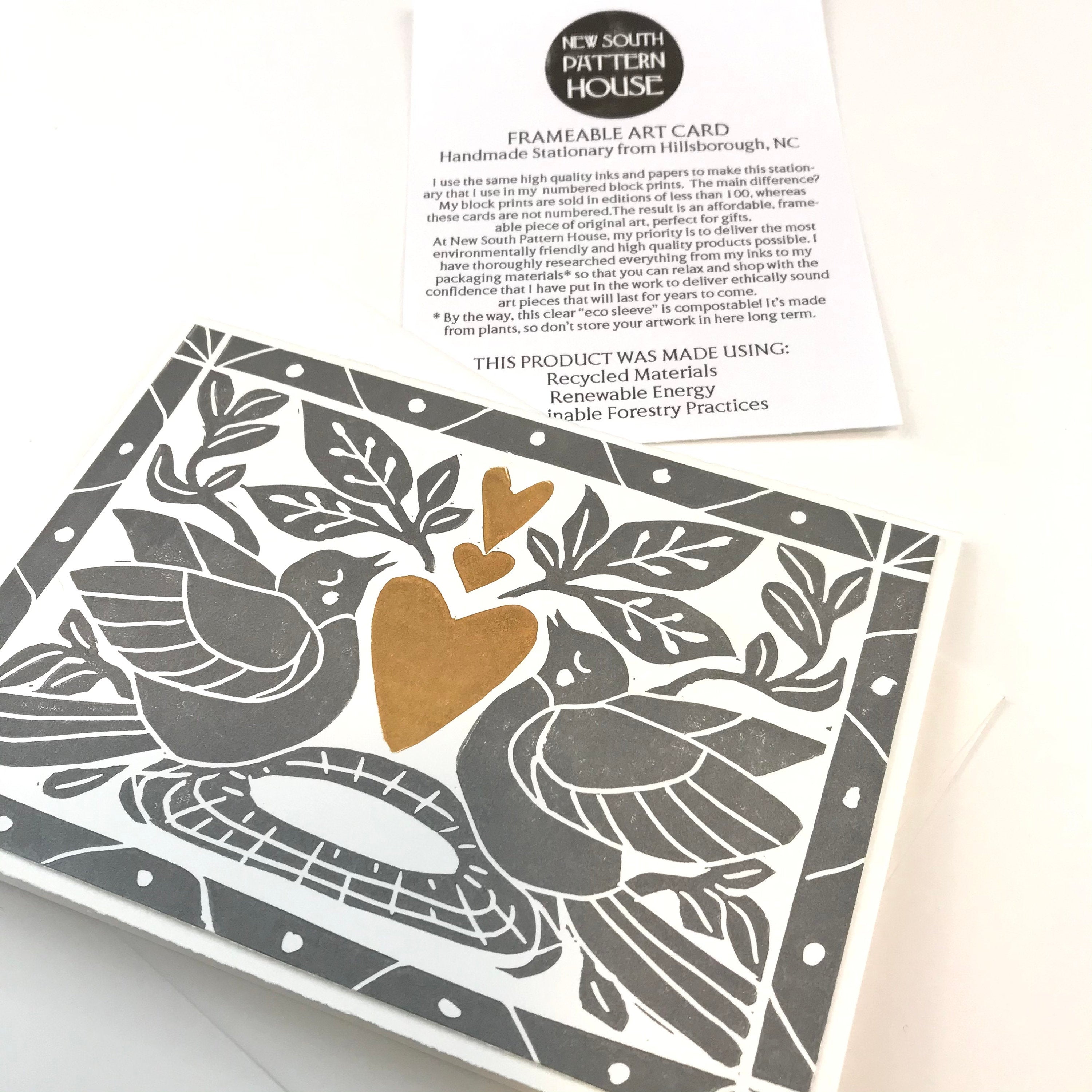 Heart of Gold folk art greeting card.  Hand Printed Linocut 5X7