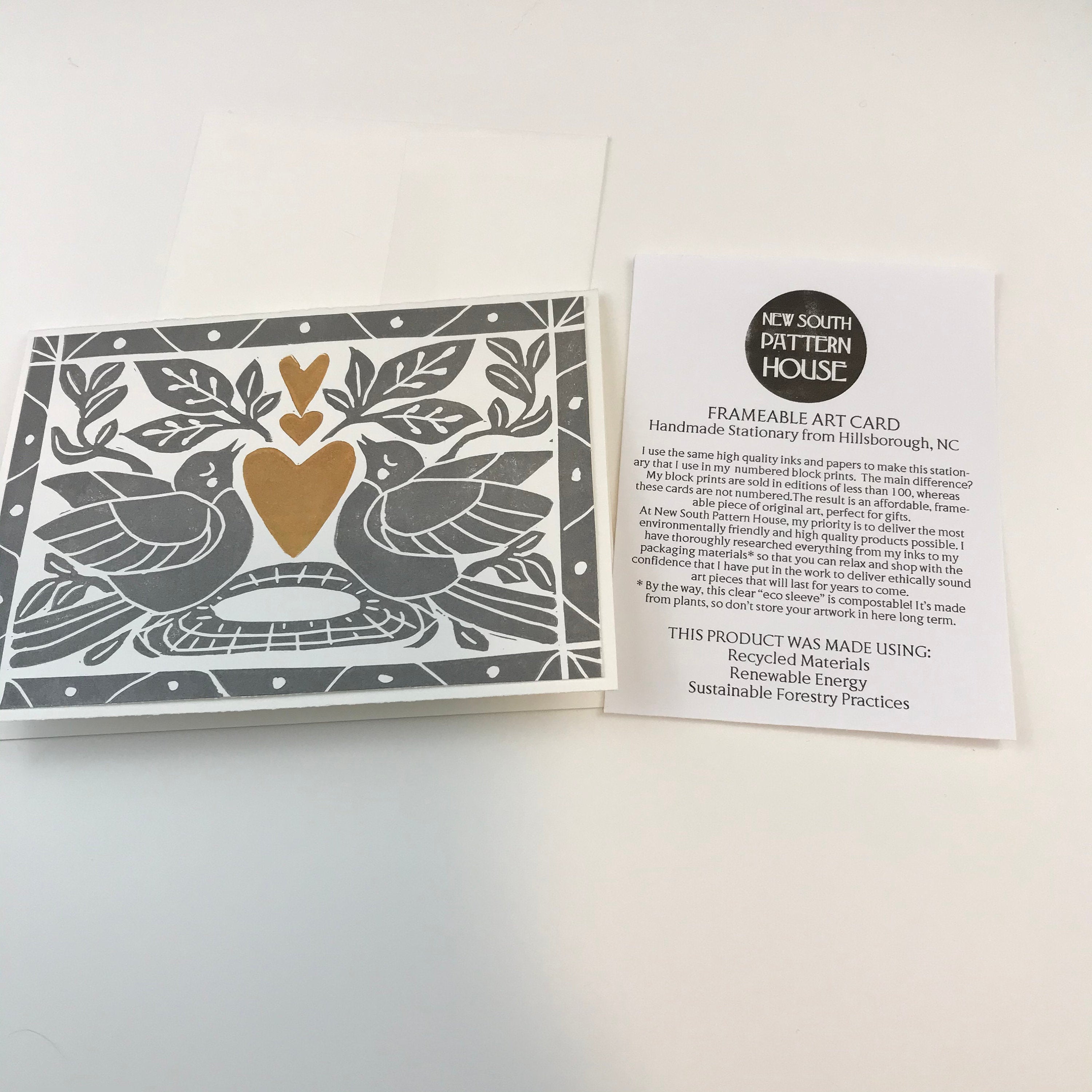 Heart of Gold folk art greeting card.  Hand Printed Linocut 5X7