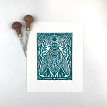Load image into Gallery viewer, Cicada, Blue/Green Mini Block Print, Limited Edition, Woodland wall art
