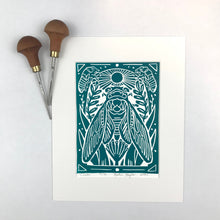 Load image into Gallery viewer, Cicada, Blue/Green Mini Block Print, Limited Edition, Woodland wall art
