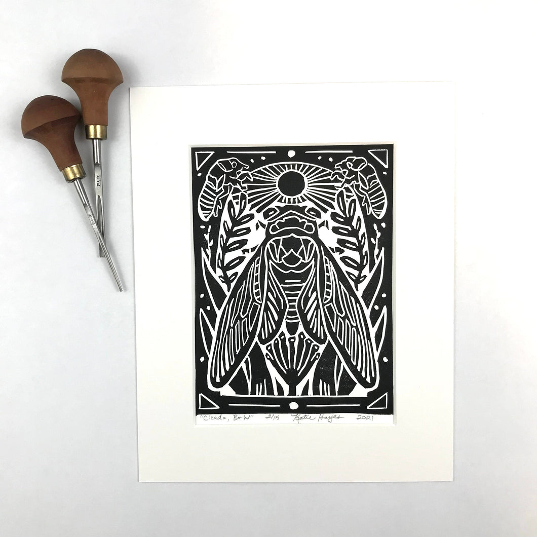 Cicada, Black and White Mini Block Print, Limited Edition, Woodland wall art