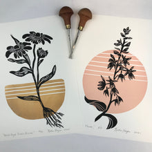 Load image into Gallery viewer, Set of two, Mid-century Botanical block prints, rose cardinal flower and black eyed Susan with 12x16 matboard
