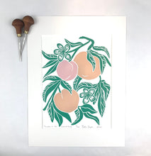 Load image into Gallery viewer, Peaches, hand carved block print, limited edition on 9x12 paper
