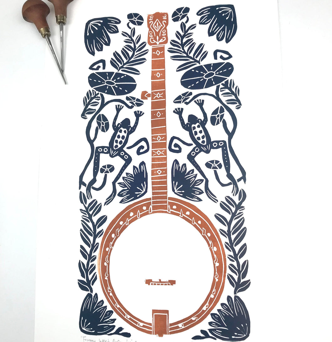 Banjo and Frog,  Hand pulled block print in copper and navy with 13x19 mat