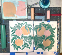 Load image into Gallery viewer, Peaches, hand carved block print, limited edition on 9x12 paper
