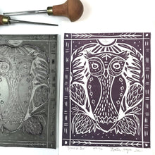Load image into Gallery viewer, Screech owl, at night, Mini Block Print, Limited Edition, Woodland wall art
