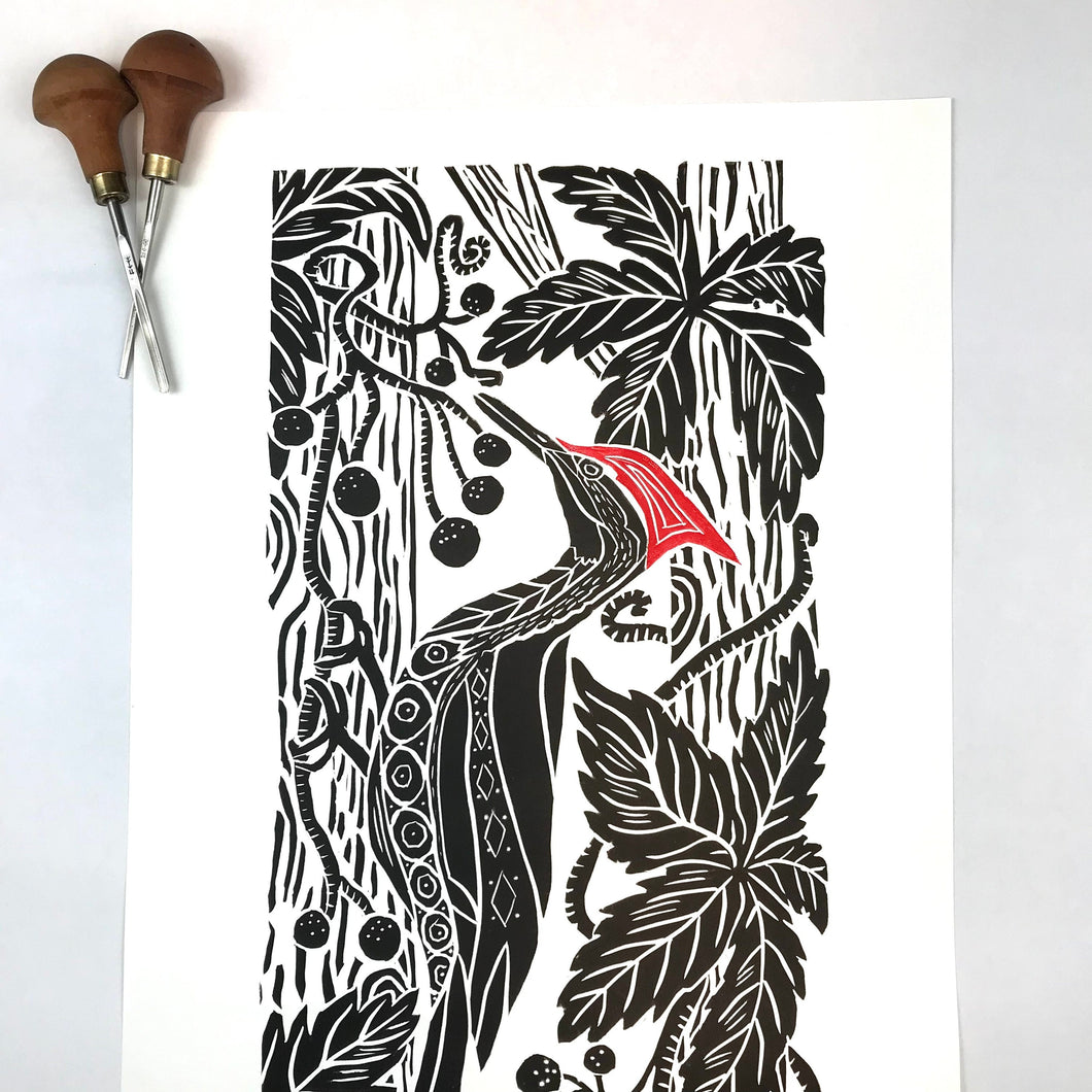 Pileated Woodpecker, full color block print. Hand pulled with 13x19 mat