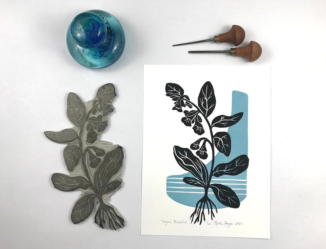 Virginia Bluebell-Mid-century Botanical Limited Edition block print with option for 12x16 inch mat, Mertensia