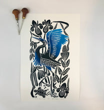 Load image into Gallery viewer, The Heron Takes Flight full color wetland block print. Hand pulled with 13x19 mat

